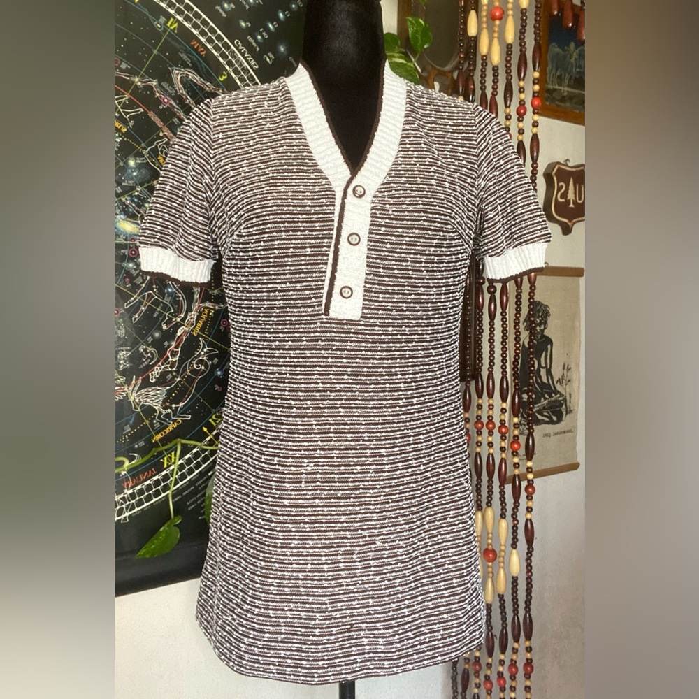 VTG 60’s Brown & White Tunic Top. S/M. USA. Acrylic. Back Zipper. Great Shape!